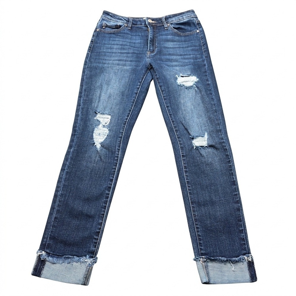 KanCan Womens Distressed Skinny Jeans Size 9/28 Mid Rise Dark Wash Frayed Hem‎